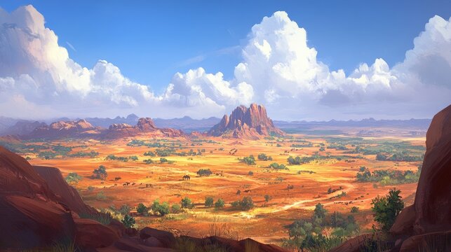 Vibrant Digital Painting: Expansive Arid Savanna with Red Rock Formations, Elephants, and Towering Clouds