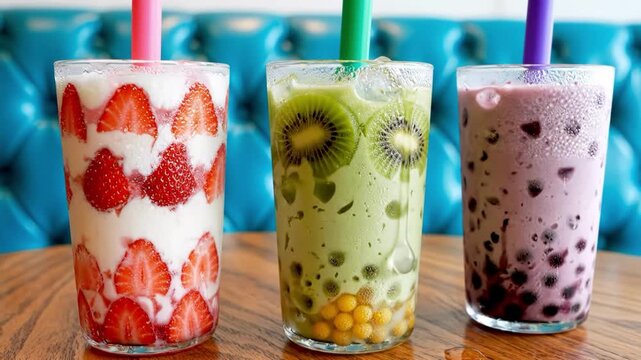 Three colorful fruit bubble tea drinks with tapioca pearls