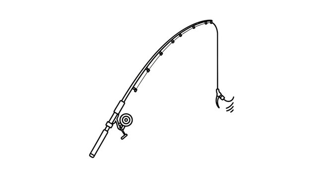 Minimalist black and white vector illustration of a fishing rod with reel and baited hook, ready