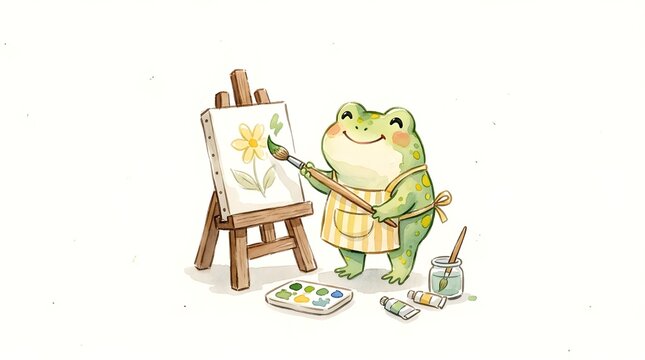 Cute Chubby Frog Painting Flower Canvas Easel Watercolor Illustration Kawaii Cottagecore Artist Style