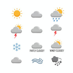 Obraz premium Weather icons sun, clouds, rain, lightning, snow, wind, and stormy