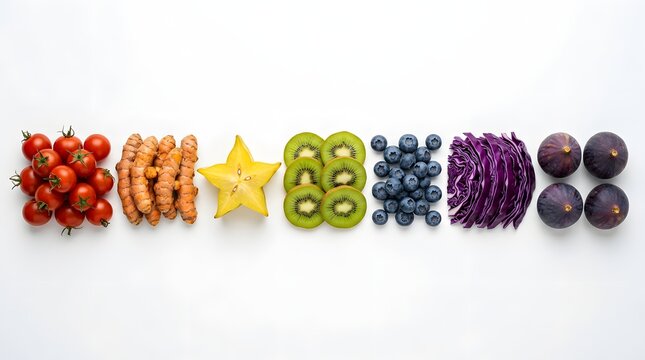 Phytonutrient Colour Spectrum Single Pigment Foods Rainbow Gradient Overhead White Background Studio Nutrition Photography