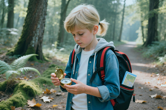 Kid girl holding compass and navigating forest trail with backpack and map, learning outdoor orientation and exploration skills. Useful for education, scouting, adventure campaign themes