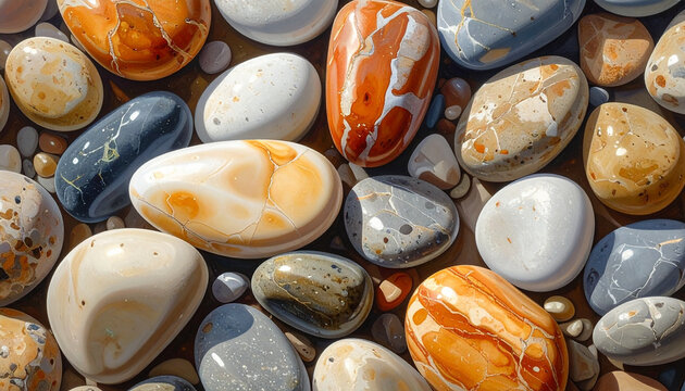 Close up of polished stones displaying various colors and textures for design