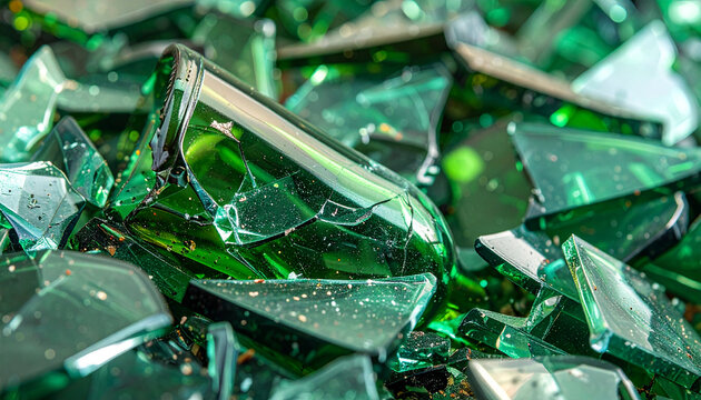 Close up of shattered green glass bottle fragments sharp edges and texture