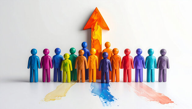 Colorful group of people figurines with a large orange upward arrow