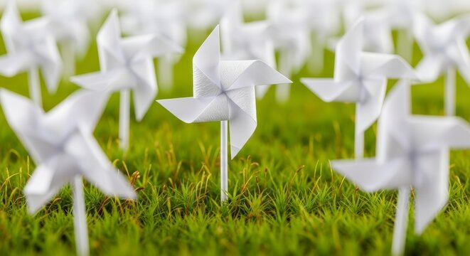 White pinwheels in green grass field.