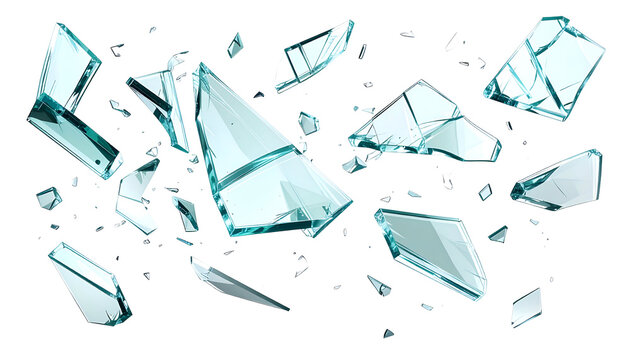 Fragments of shattered transparent glass floating against a black background