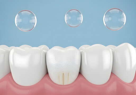 Digital illustration of healthy teeth with one stained tooth