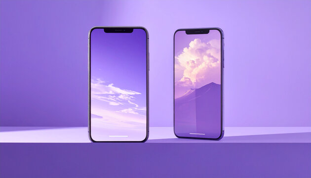 Modern smartphones displaying cloudscape graphics against a purple backdrop