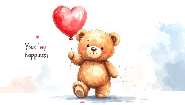 A smiling teddy bear holds a heart-shaped balloon
