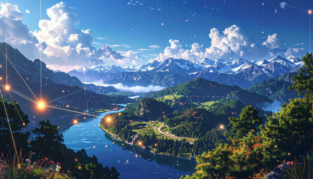 Scenic mountain landscape with river under a clear blue sky