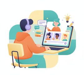 Fototapeta premium Online learning illustration with people attending a virtual class on a laptop and a student wearing headphones