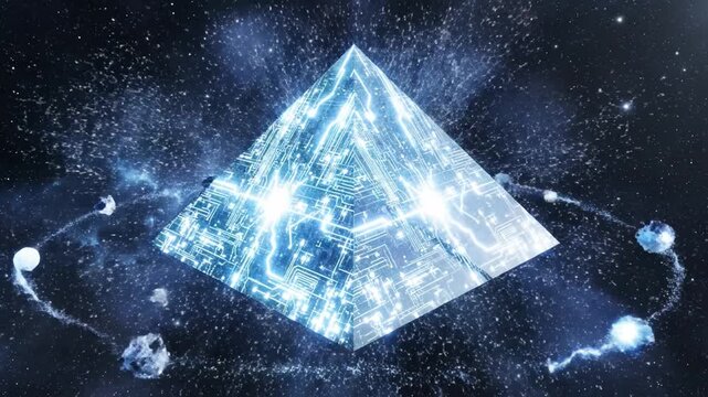 Glowing pyramid digital futuristic blue cosmic energy abstract space technology light with geometric shapes, sci fi mysterious power, vibrant universe, electricity bursts, dynamic motion