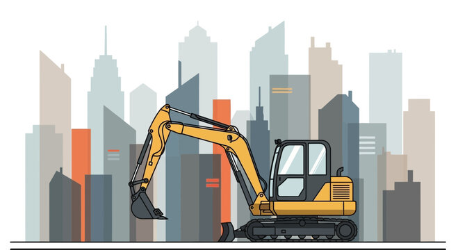 Yellow Excavator Machine Building Cityscape Modern Urban Development Scene