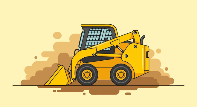 Vibrant Yellow Skid Steer Loader Operating In Sand And Dirt Landscape