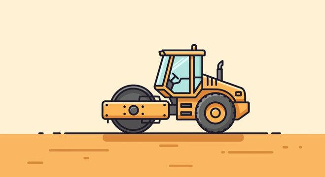 Vibrant Yellow Steamroller Compacts Ground On A Light Yellow Background Illustration