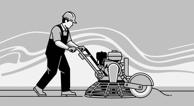Worker Operating Power Trowel Machine Smoothing Concrete Construction Site