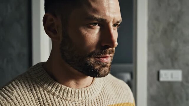 Man with beard signaling for silence, finger held to lips indoors