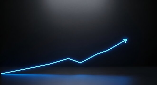 Minimalist glowing blue neon arrow line graph pointing upward on dark black background