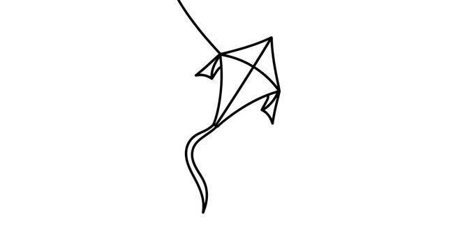 Minimalist black outline drawing of a classic kite flying with its tail on a white background