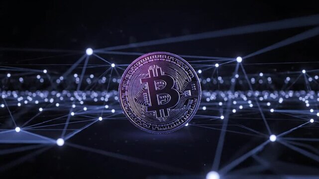 Bitcoin network nodes glow blue, coin central. Ideal for cryptocurrency articles, blockchain technology concepts, or financerelated digital designs and presentations.