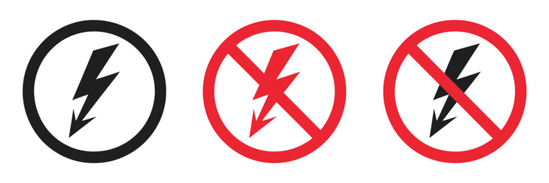 Lightning and no lightning electricity sign vector icon set, flash and no-flash symbols, representing power on/off, electricity availability, blackout, power outage, and warning concept illustration.