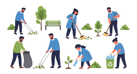 Fototapeta premium People cleaning park, planting trees, recycling, environmental care, community service