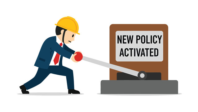 Businessman activating new policy lever, symbolizing implementation and change management in a corporate setting