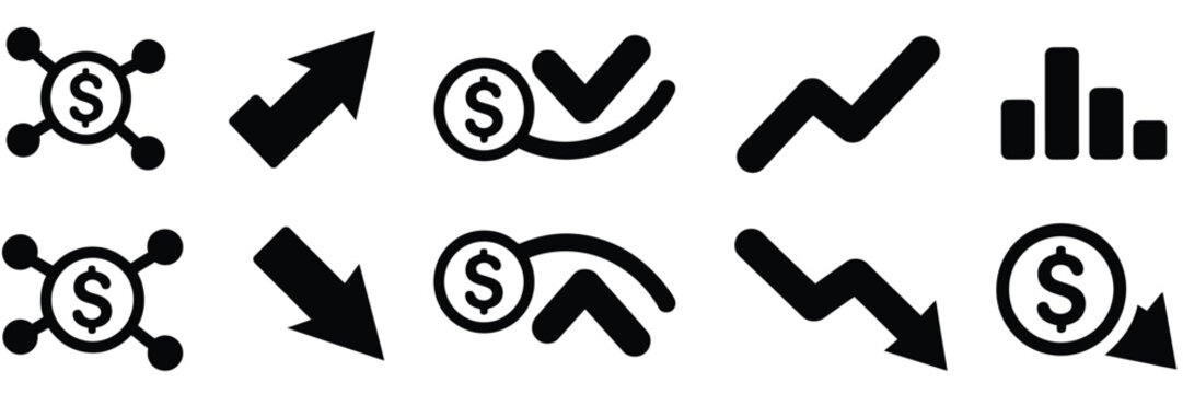 Financial money flow icon collection, featuring arrows with currency symbols, income and expense movement, investment growth, and economic transaction concept vector