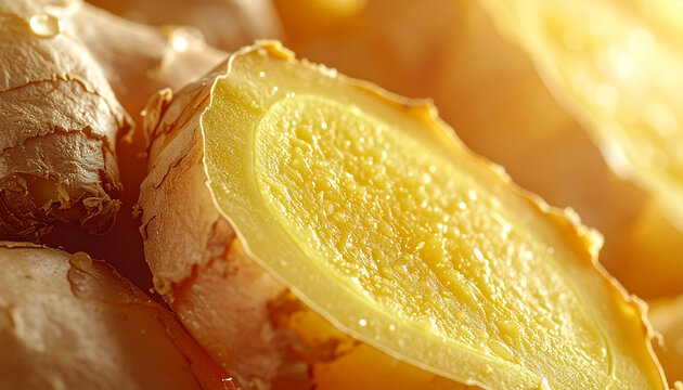 Close up of fresh ginger root slice with warm lighting