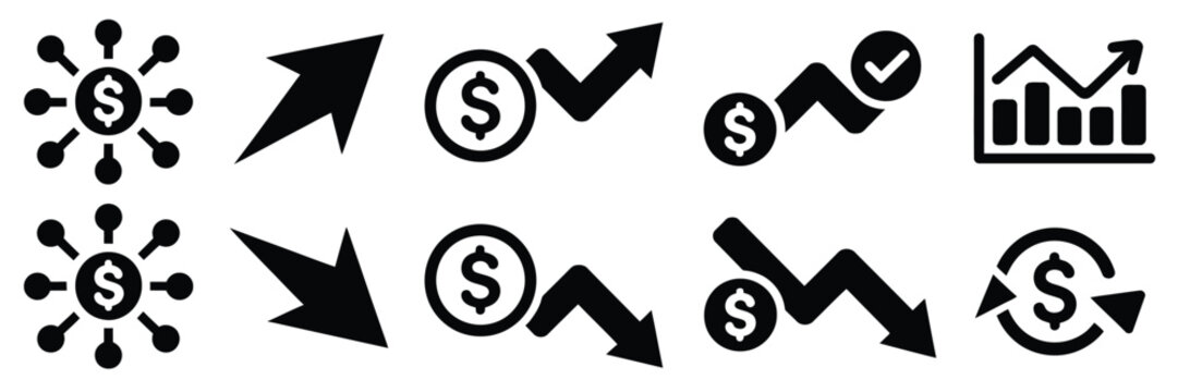 Money arrow finance icon set, representing cash flow, financial growth, investment return, and currency transfer, with up and down arrows vector