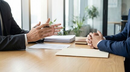 Human resources manager gesturing during interview with potential employee at workspace © Art Revolutionist