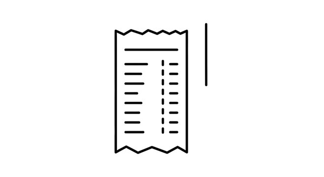 Minimalist black and white line art icon depicting a retail transaction receipt for financial