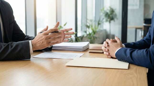 Human resources manager gesturing during interview with potential employee at workspace