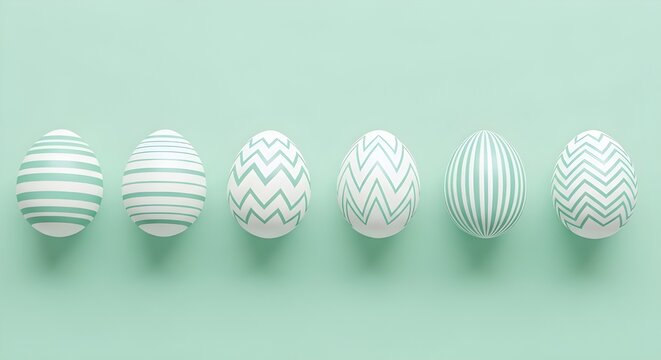 Easter eggs with various patterns on a light green background