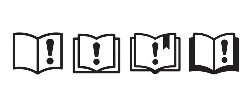 Set of Instruction Manual or Important Information Icons with Exclamation Marks in Outline Style on White Background.