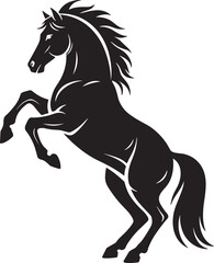 Obraz premium Rearing horse silhouette vector illustration in black, powerful stallion logo design with dynamic pose, elegant animal icon isolated on white background
