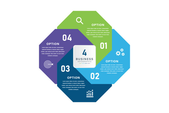 4 Options Venn diagram business infographic chart template with Hexagonal Layout, Numbered Sections, and Icons for Corporate Strategy, Workflow, and Data Presentation