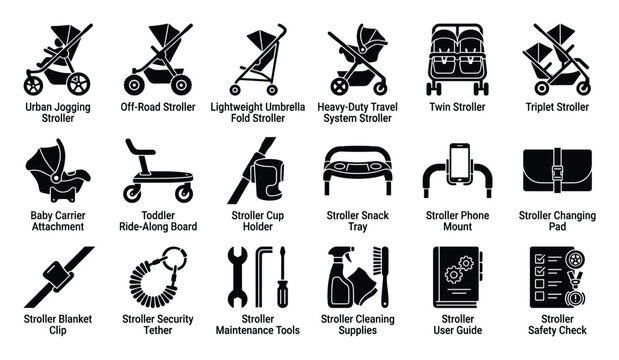 A comprehensive collection of baby stroller types and essential accessories presented as clear icons for modern parenting guides childcare service advertisements and retail product catalogs