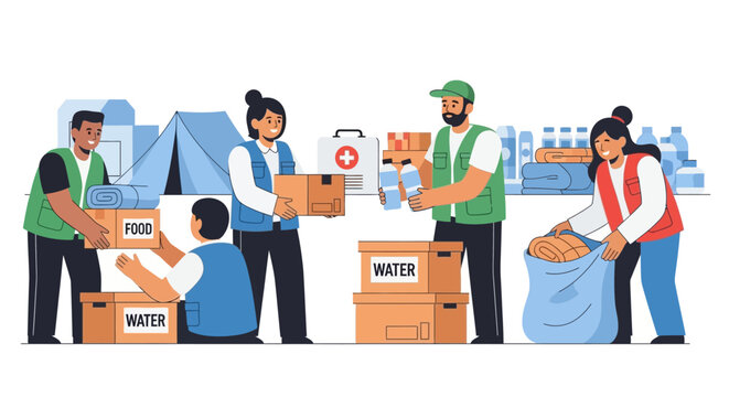 Volunteers distributing humanitarian aid, food, water, and medical supplies