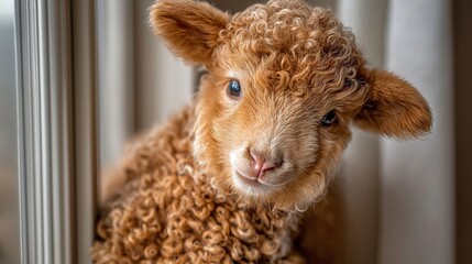 Fototapeta premium Curly brown lamb peers through window frame. Soft wool surrounds its gentle, curious face. Large eyes meet viewer with innocence and charm. Perfect for cozy, pastoral, or childhood-themed projects