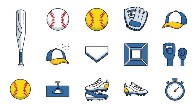 Baseball and Softball Equipment Icons: Bat, Ball, Glove, Cap, Shoes, Stopwatch, Home Plate