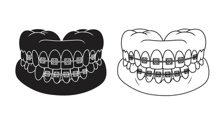 Illustration of teeth with braces shown in contrasting black and white © Siam Studio