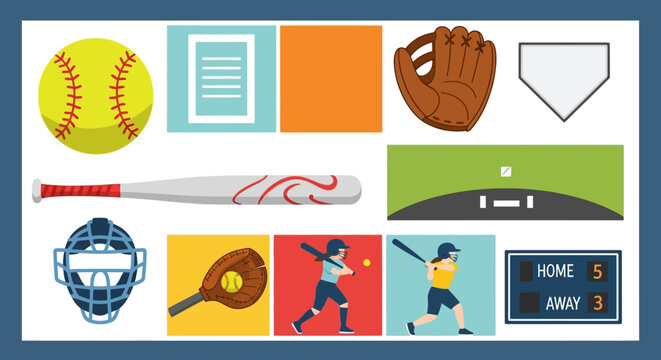 Baseball and Softball Equipment and Action Icons Set