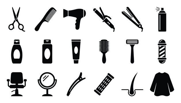 Essential hair care and barber shop tools and accessories depicted as solid icons useful for salon menus, professional service displays, or grooming product packaging