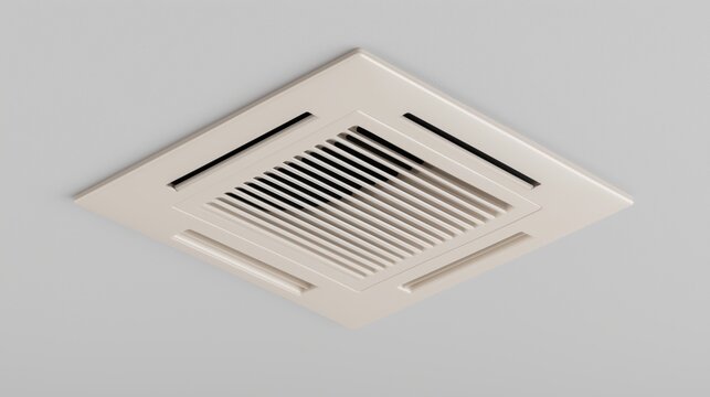 Modern ceiling vent with clean, minimalist design. White square frame fitted into plain wall surface. Grided slats allow air circulation with discreet appearance