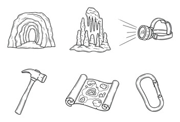 Obraz premium Essential gear for underground exploration including cave entrances, mineral formations, bright headlamps, sturdy hammers, ancient maps, and secure carabiners for adventurers.