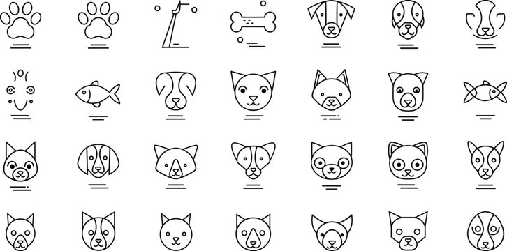 Pet outline icons collection with dog cat faces paw symbols minimal animal line vector illustration set isolated on white background
