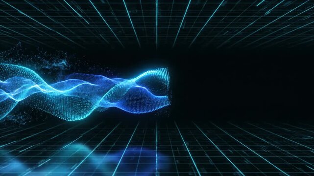 A glowing blue abstract particle wave flows dynamically through a dark digital grid tunnel, creating a futuristic motion graphic.